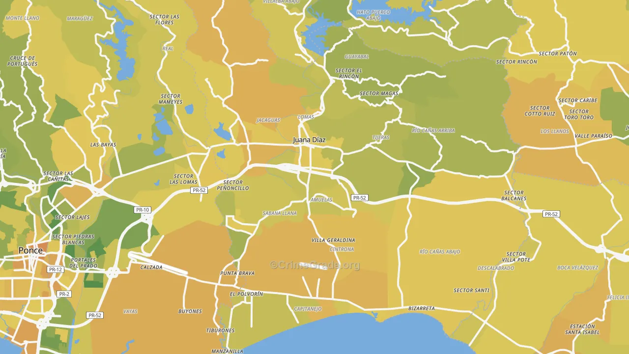 Juana Diaz Municipio, PR Map of Vehicle Theft Rates
