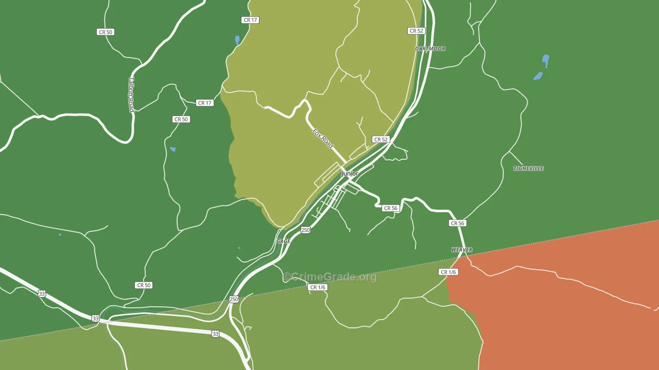 Junior, WV Map of Vehicle Theft Rates