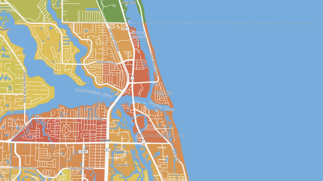 Jupiter Inlet Colony, FL Map of Vehicle Theft Rates