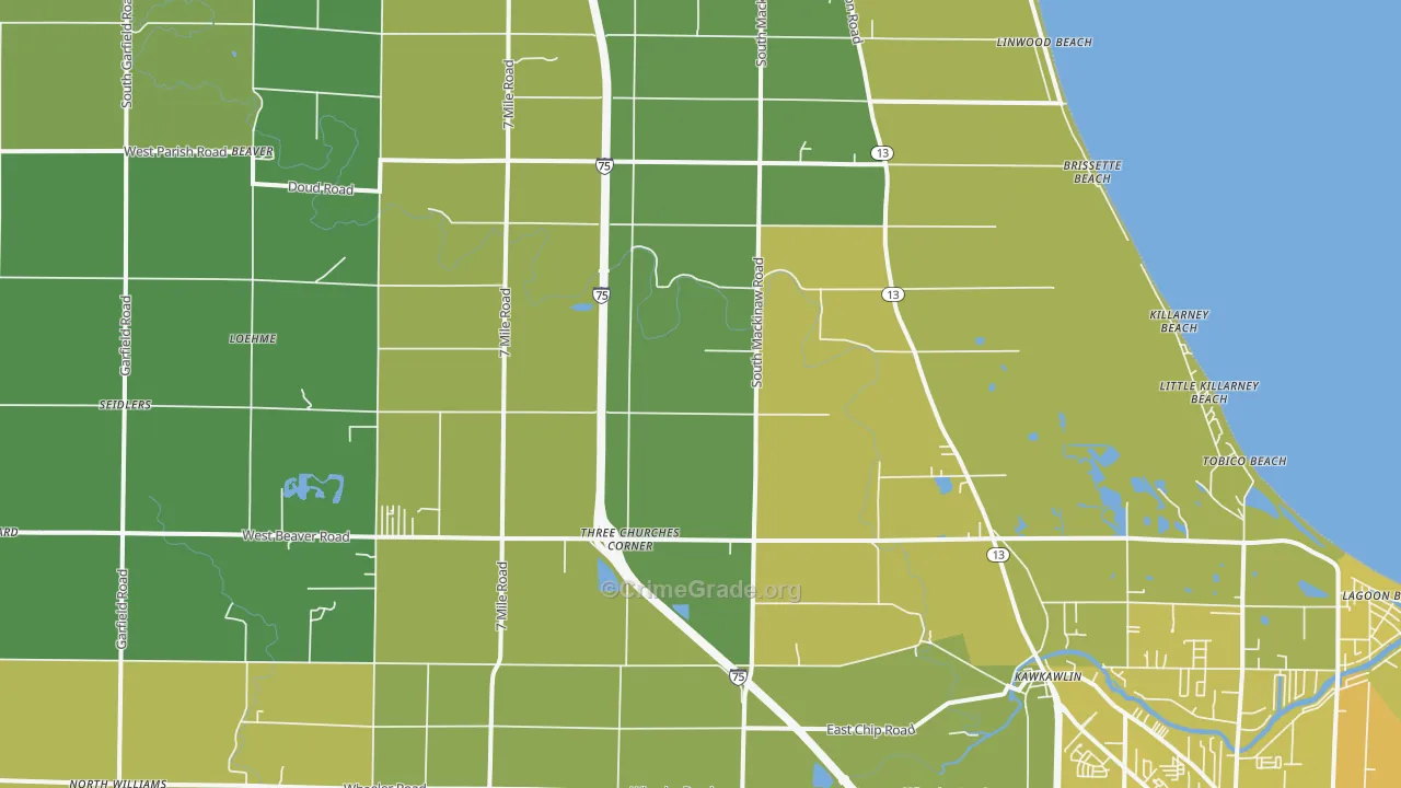 Kawkawlin, MI Map of Vehicle Theft Rates