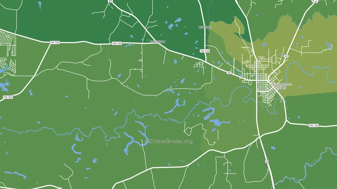 Kellyville, TX Map of Vehicle Theft Rates