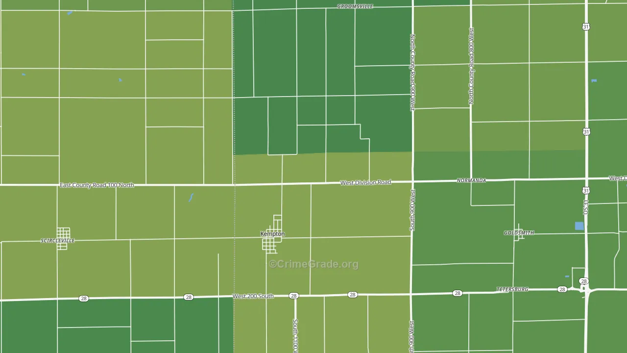 Kempton, IN Map of Vehicle Theft Rates