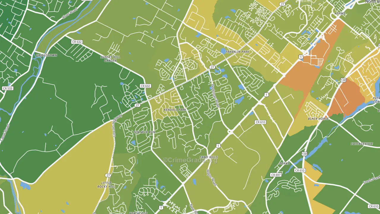 Kendall Park, NJ Map of Vehicle Theft Rates