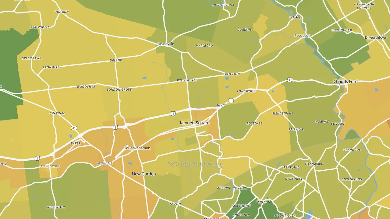 Kennett Square, PA Map of Vehicle Theft Rates