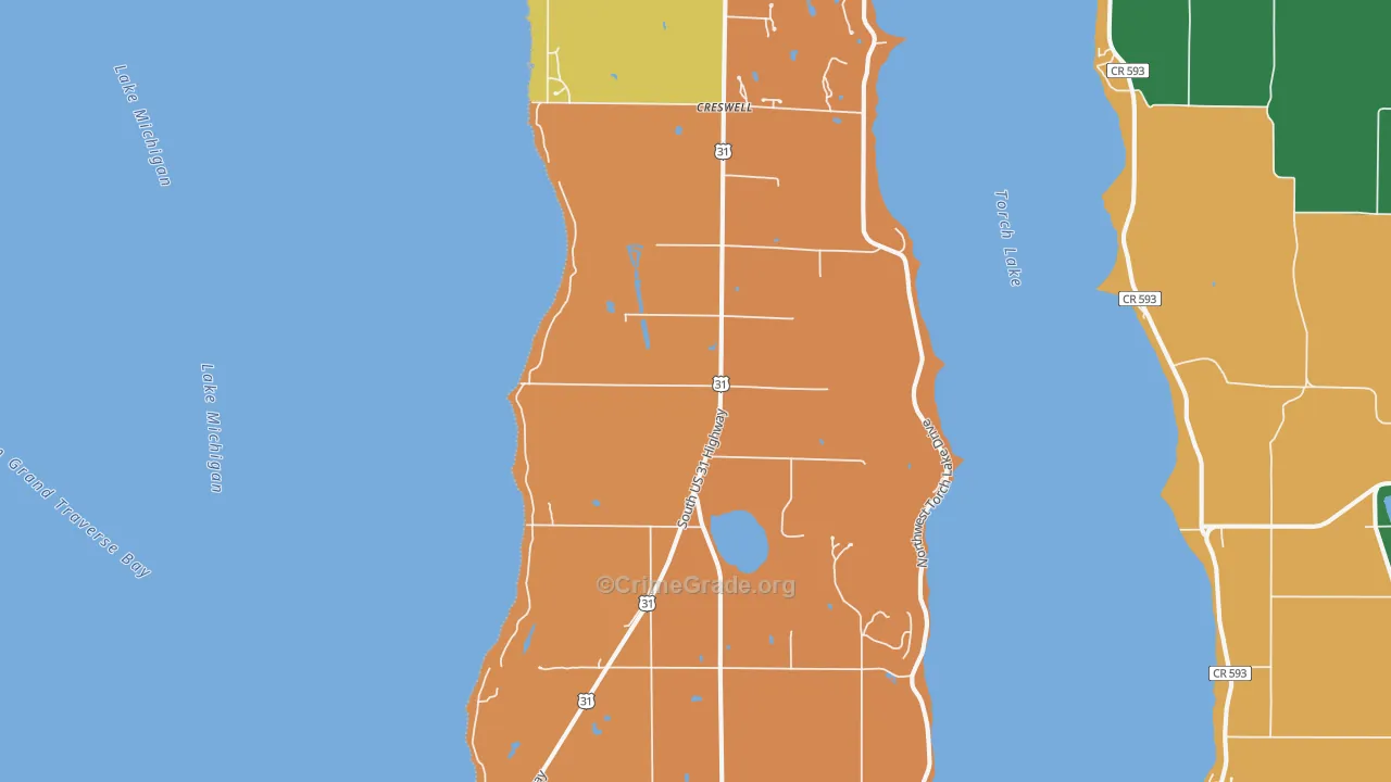 Kewadin, MI Map of Vehicle Theft Rates