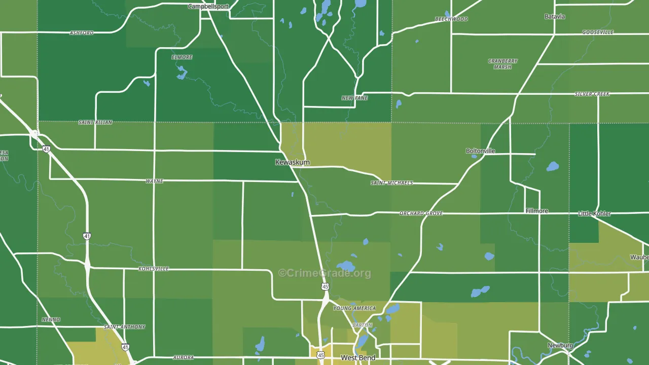 Kewaskum, WI Map of Vehicle Theft Rates