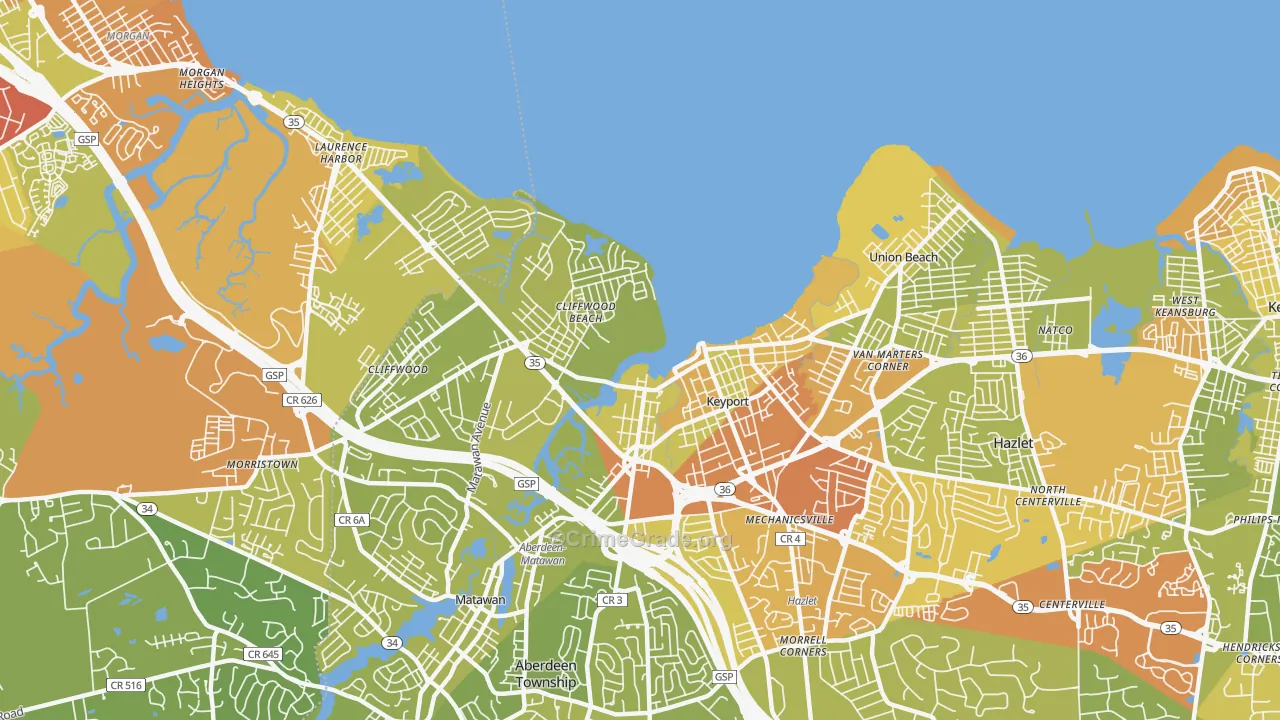 Keyport, NJ Map of Vehicle Theft Rates