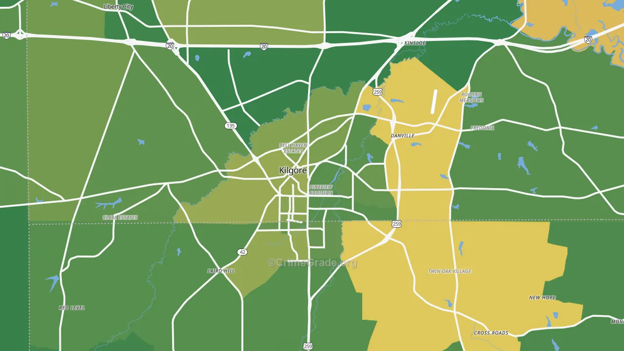 Kilgore, TX Map of Vehicle Theft Rates