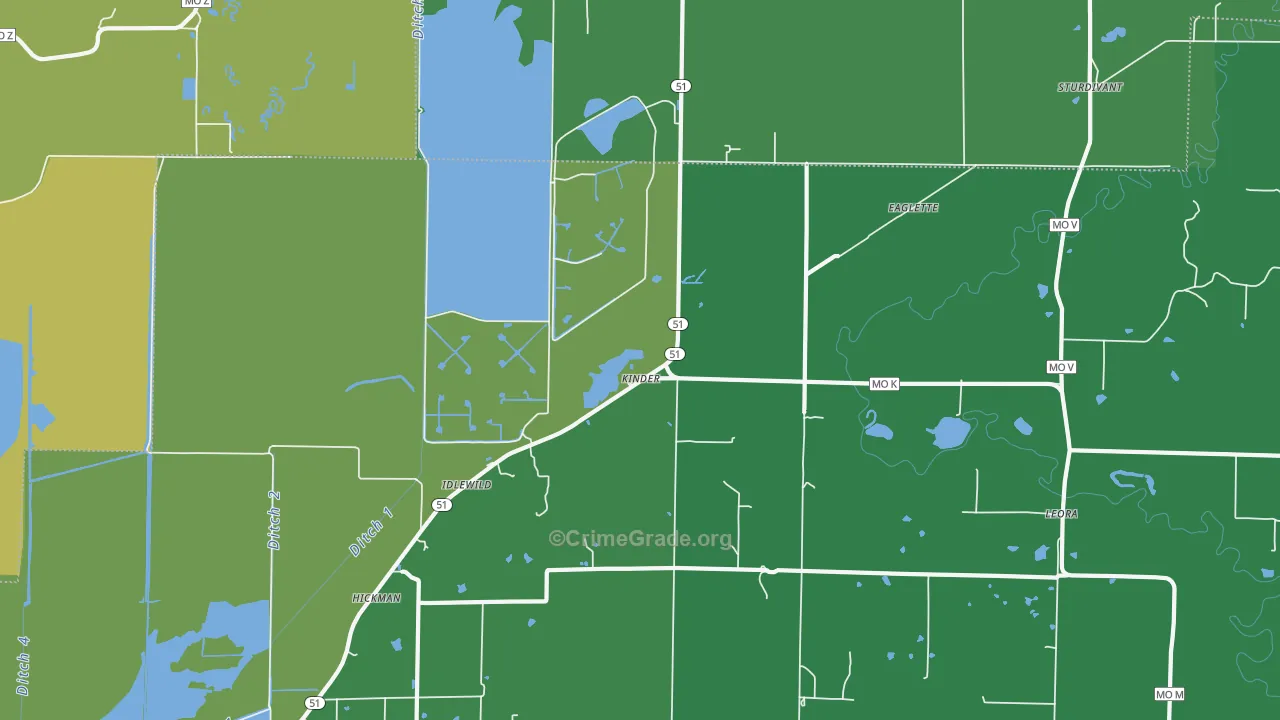 Kinder, MO Map of Vehicle Theft Rates