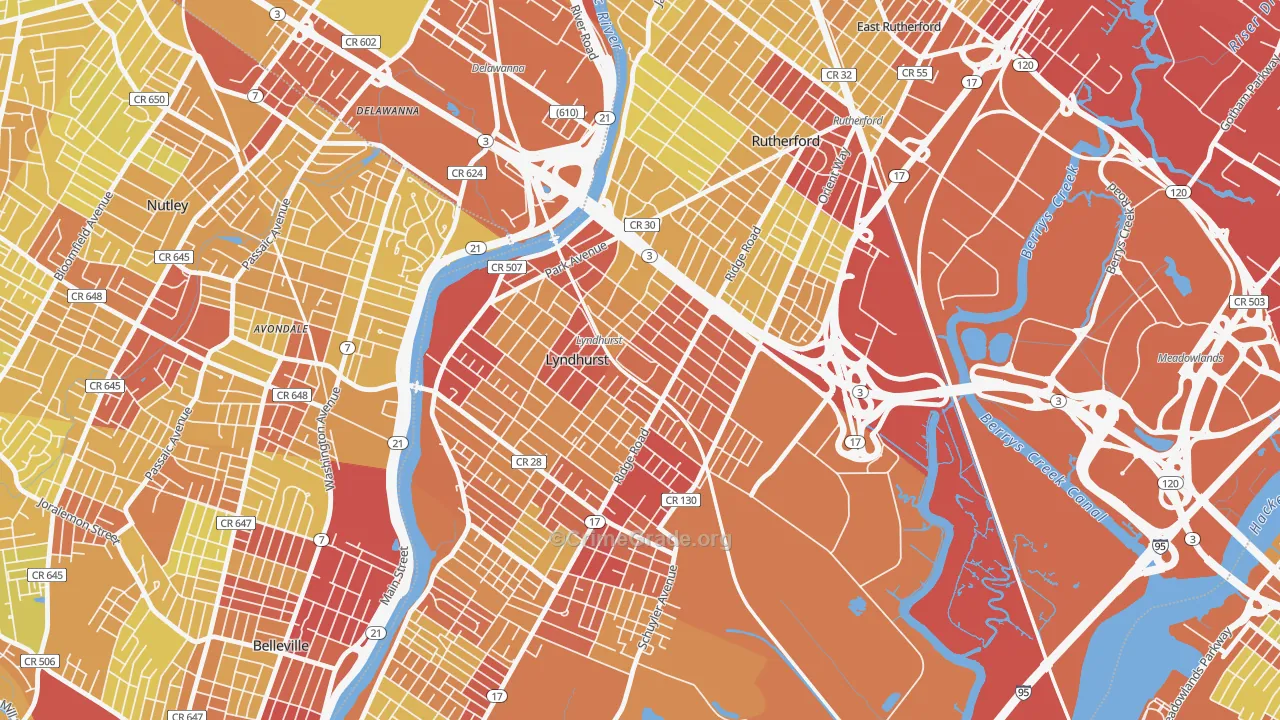 Kingsland, Lyndhurst, NJ Map of Vehicle Theft Rates