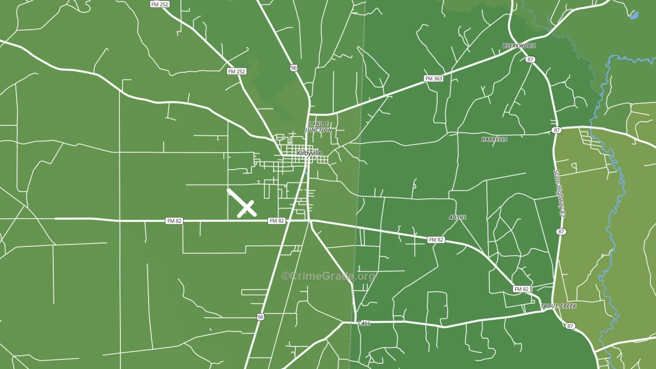 Kirbyville, TX Map of Vehicle Theft Rates
