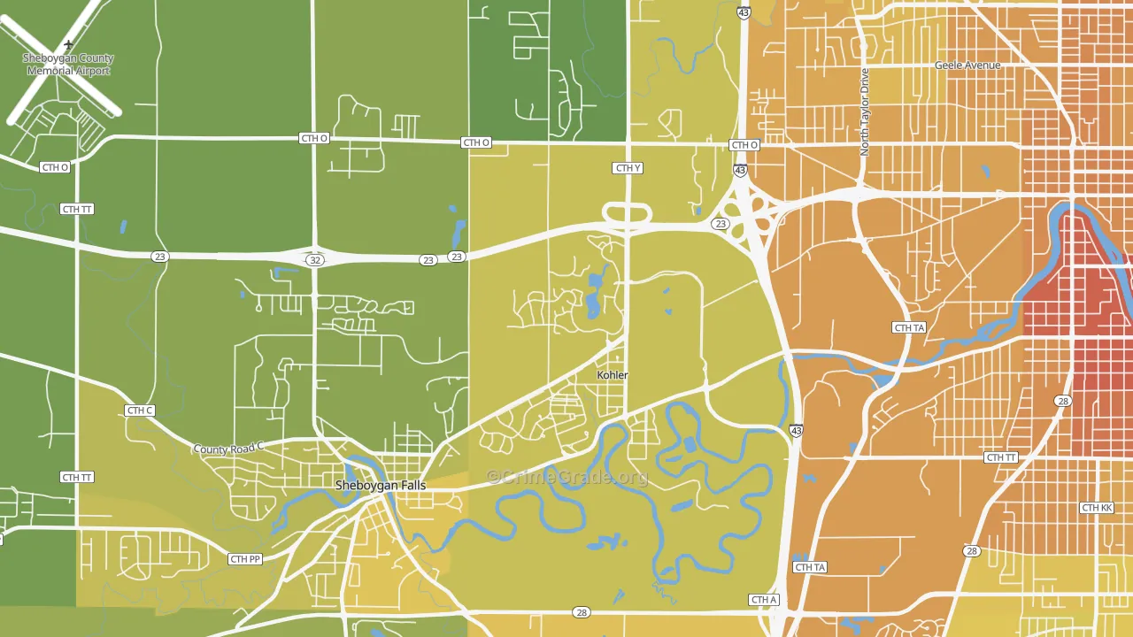 Kohler, WI Map of Vehicle Theft Rates