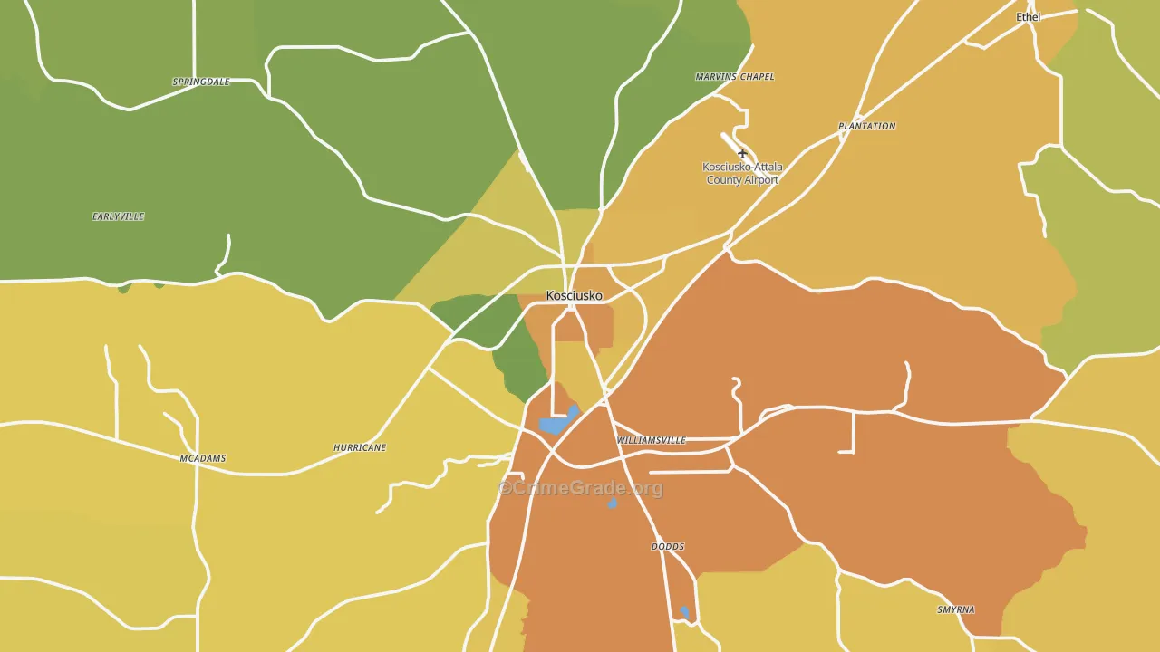 Kosciusko, MS Map of Vehicle Theft Rates