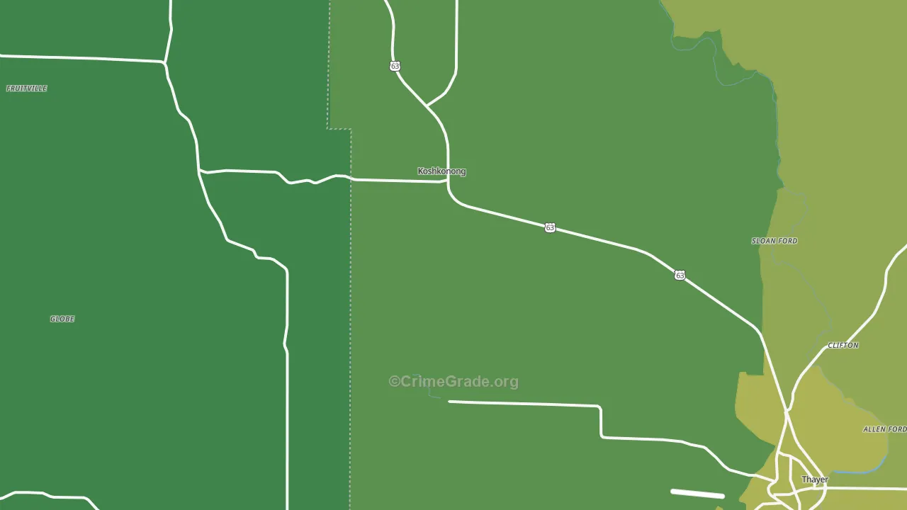 Koshkonong, MO Map of Vehicle Theft Rates