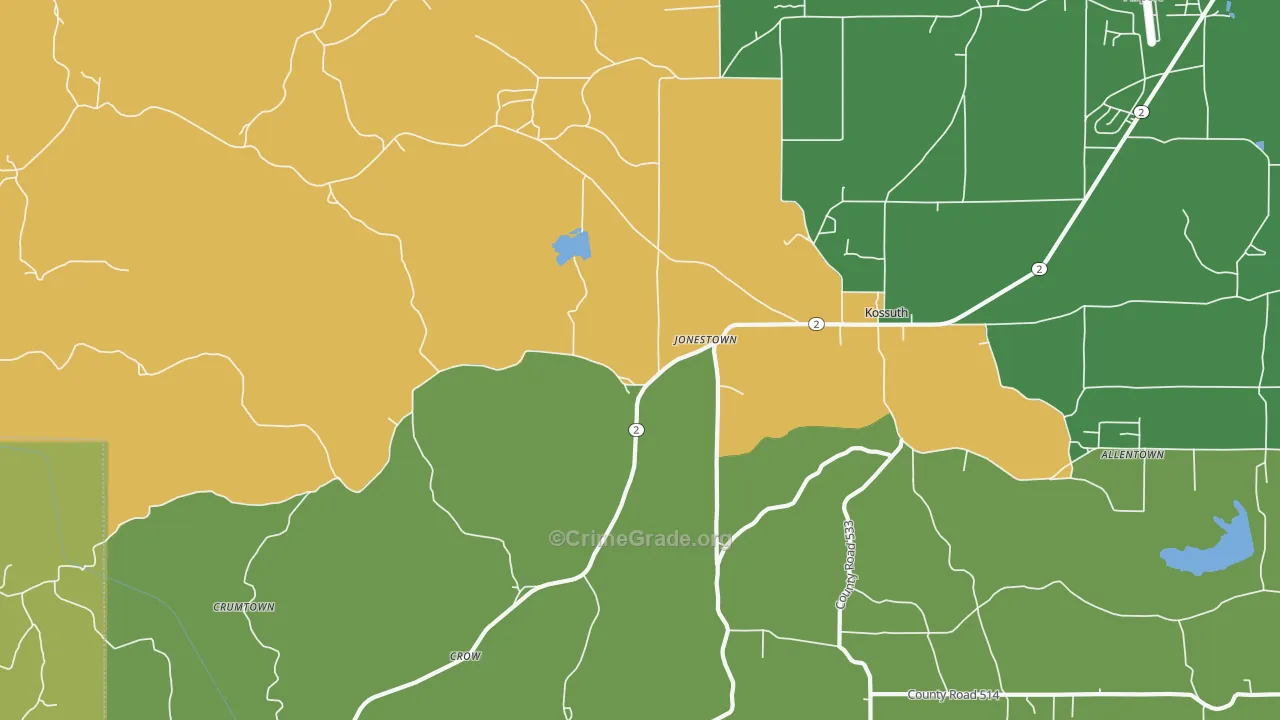 Kossuth, MS Map of Vehicle Theft Rates