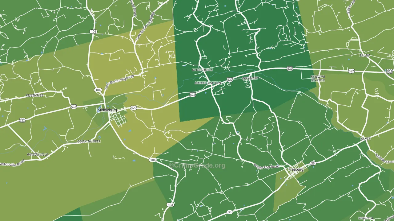 Kreamer, PA Map of Vehicle Theft Rates