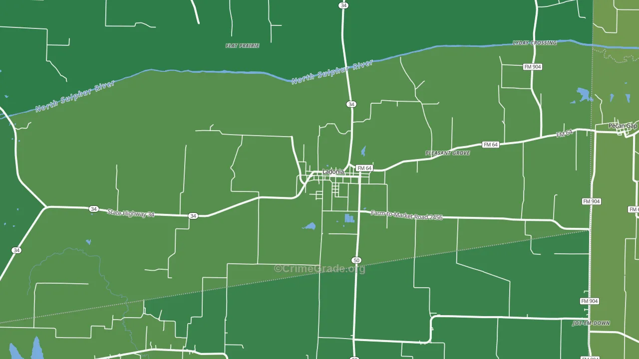 Ladonia, TX Map of Vehicle Theft Rates