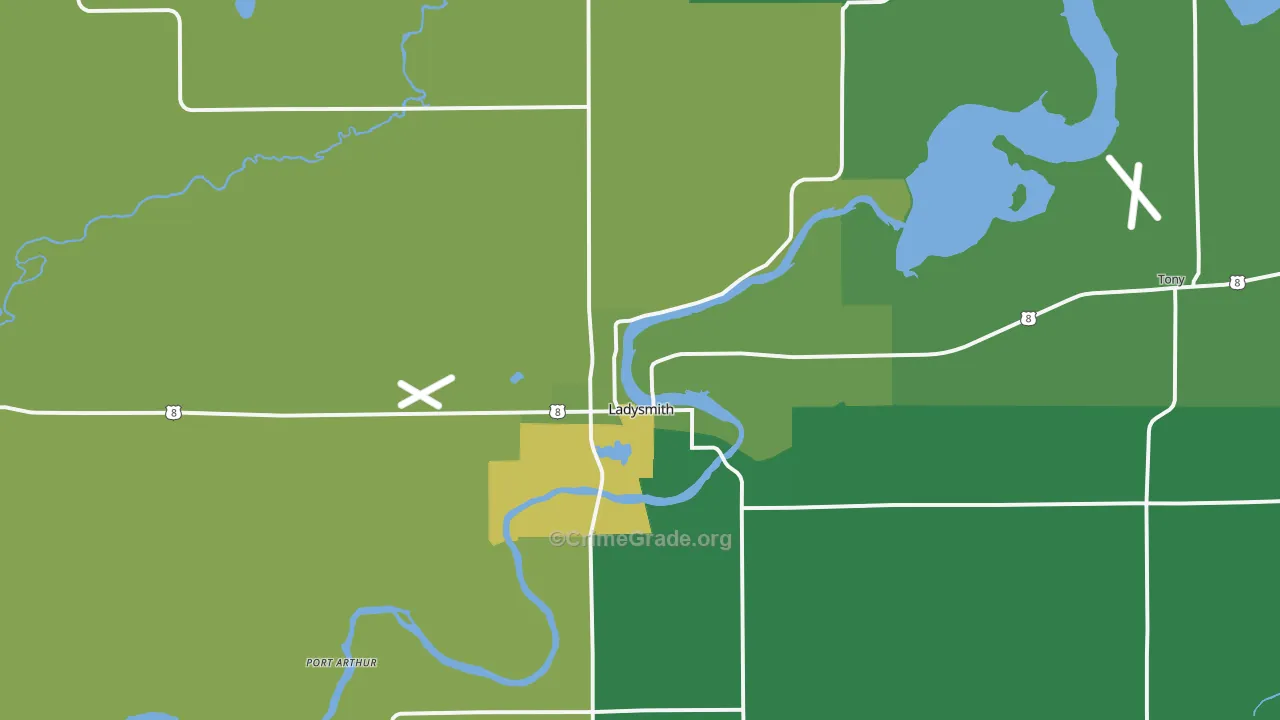Ladysmith, WI Map of Vehicle Theft Rates