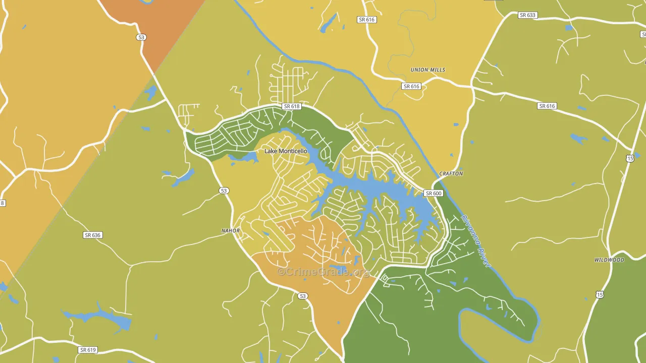 Lake Monticello, VA Map of Vehicle Theft Rates