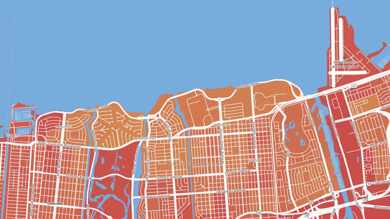 Lake Terrace and Oaks, New Orleans, LA Map of Vehicle Theft Rates