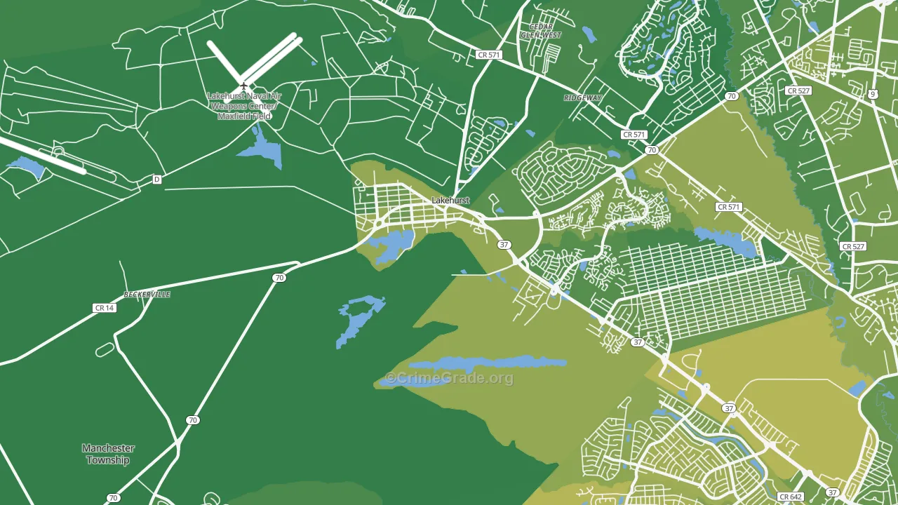 Lakehurst, NJ Map of Vehicle Theft Rates