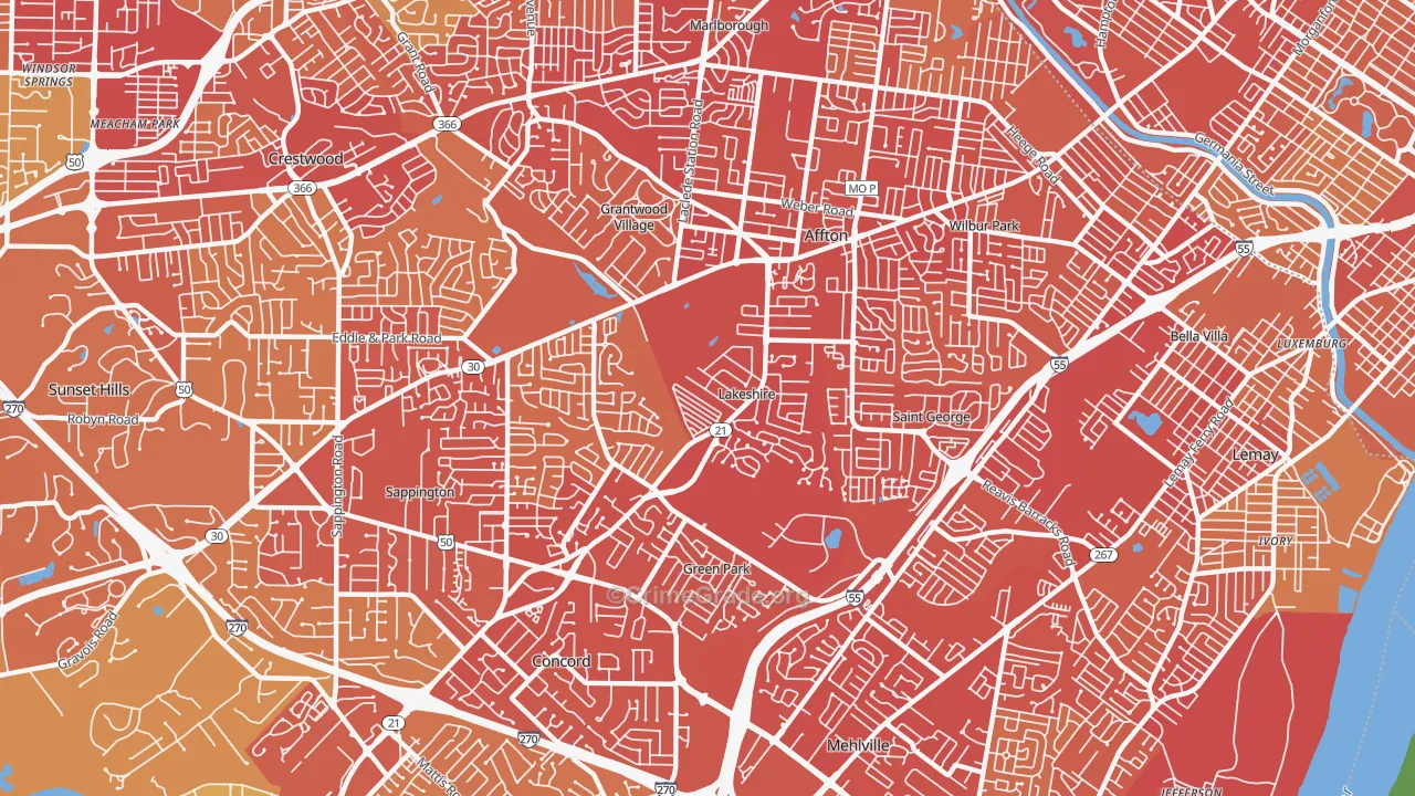 Lakeshire, MO Map of Vehicle Theft Rates