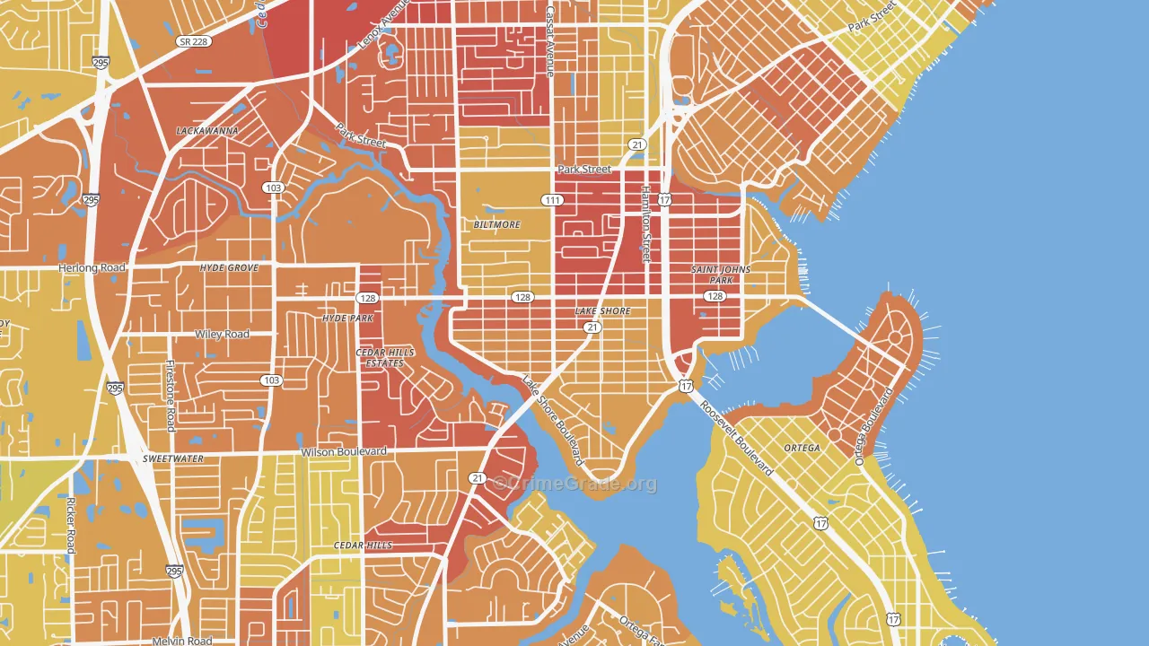 Lakeshore, Jacksonville, FL Map of Vehicle Theft Rates