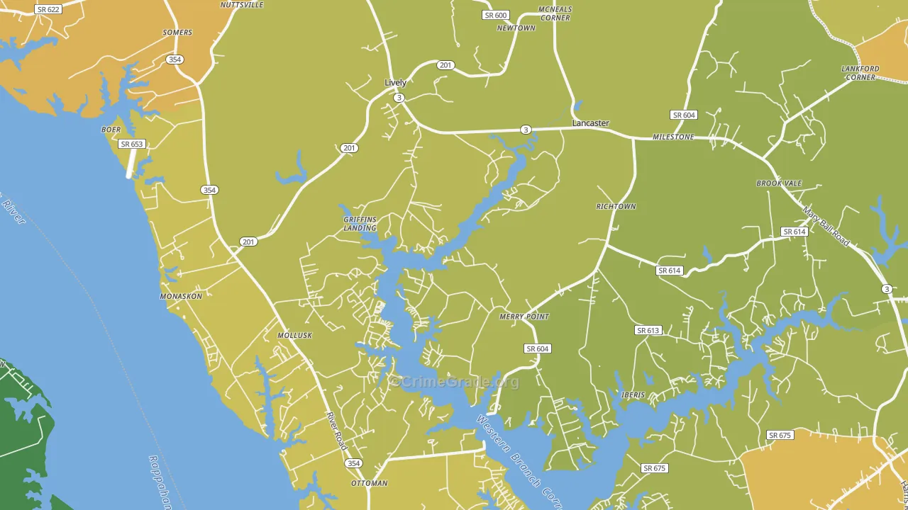 Lancaster, VA Map of Vehicle Theft Rates