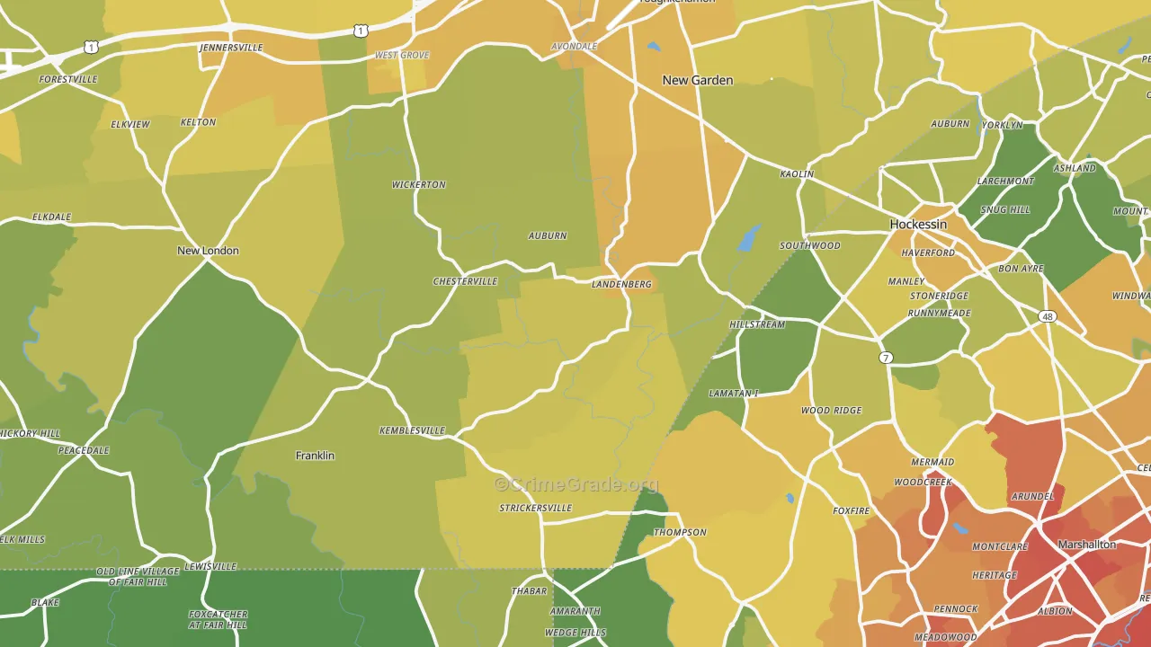 Landenberg, PA Map of Vehicle Theft Rates