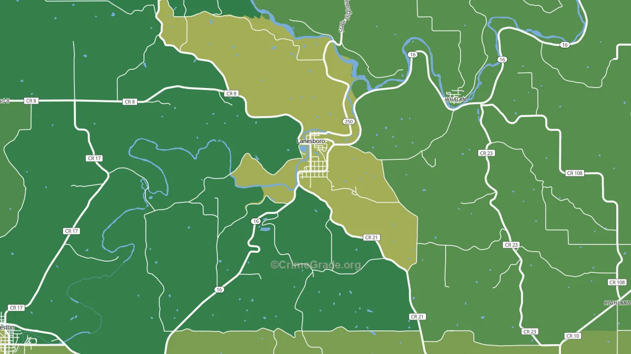 Lanesboro, MN Map of Vehicle Theft Rates