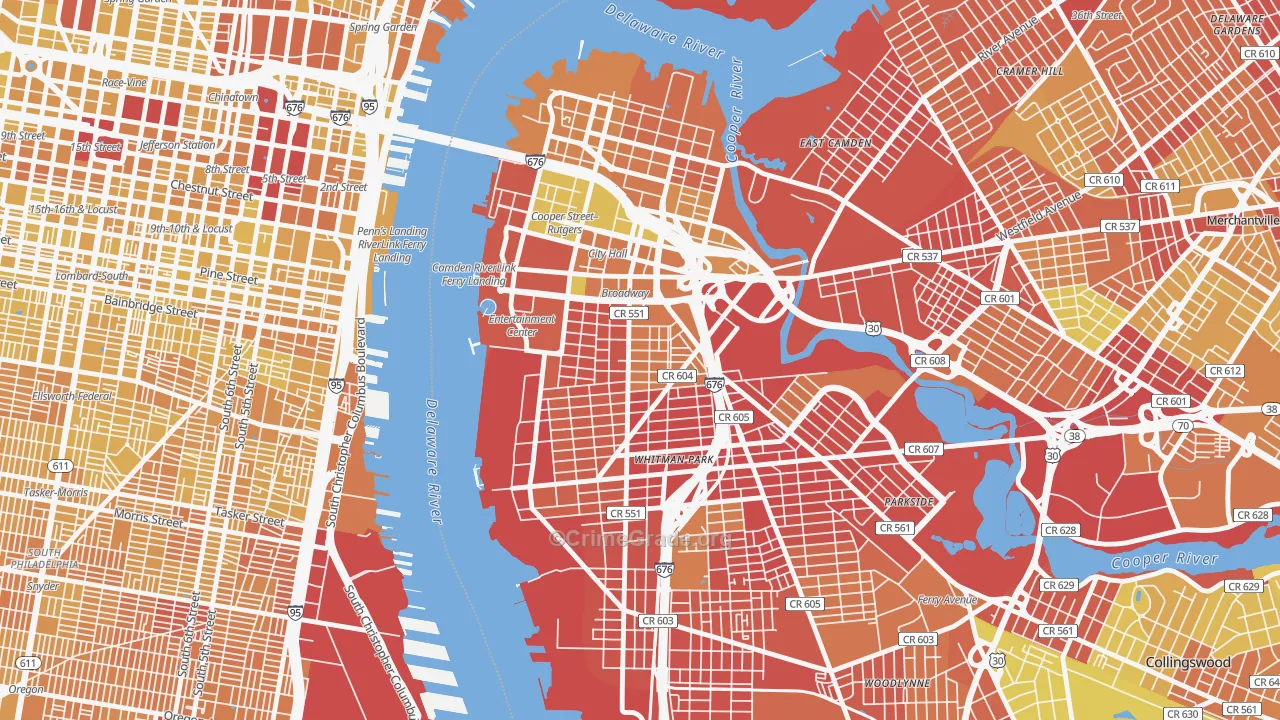 Lanning Square, Camden, NJ Map of Vehicle Theft Rates