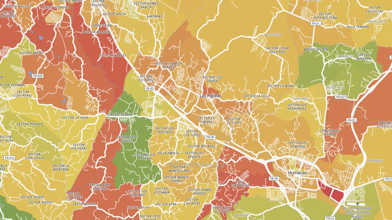 Las Piedras, PR Map of Vehicle Theft Rates