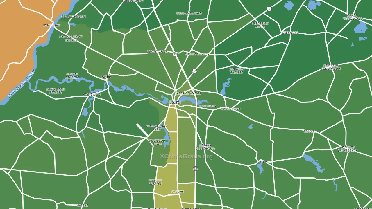 Laurel, DE Map of Vehicle Theft Rates