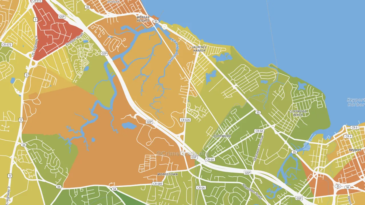 Laurence Harbor, NJ Map of Vehicle Theft Rates