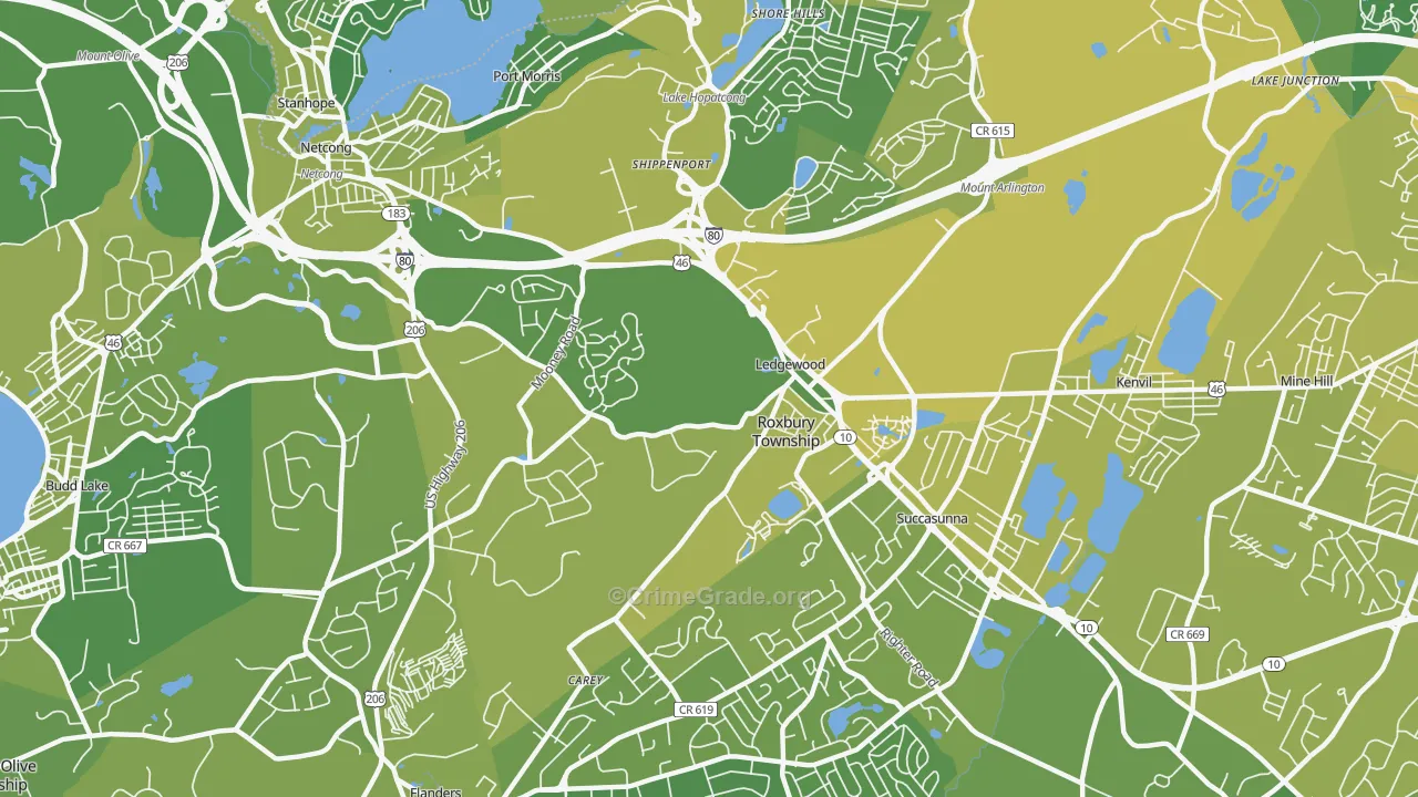 Ledgewood, NJ Map of Vehicle Theft Rates