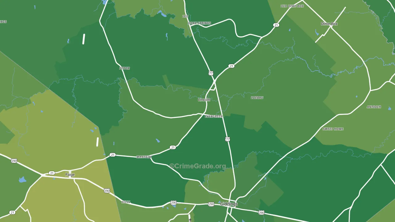 Lee County, TX Map of Vehicle Theft Rates