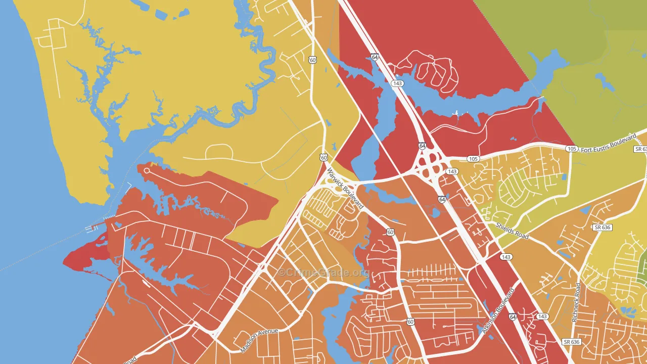 Lee Hall, Newport News, VA Map of Vehicle Theft Rates