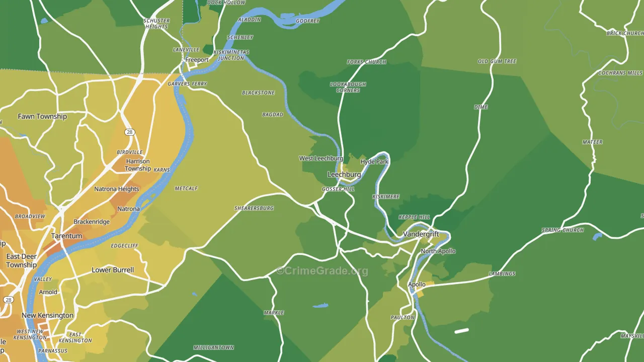 Leechburg, PA Map of Vehicle Theft Rates