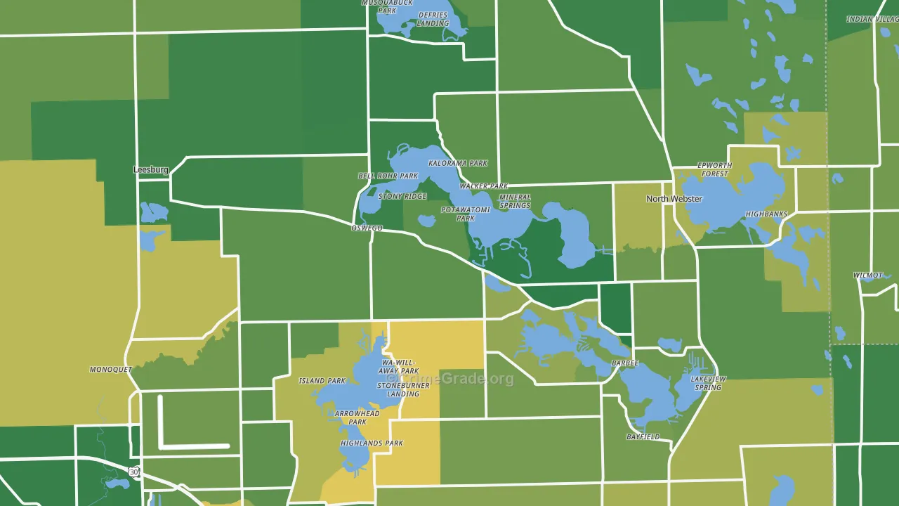 Leesburg, IN Map of Vehicle Theft Rates
