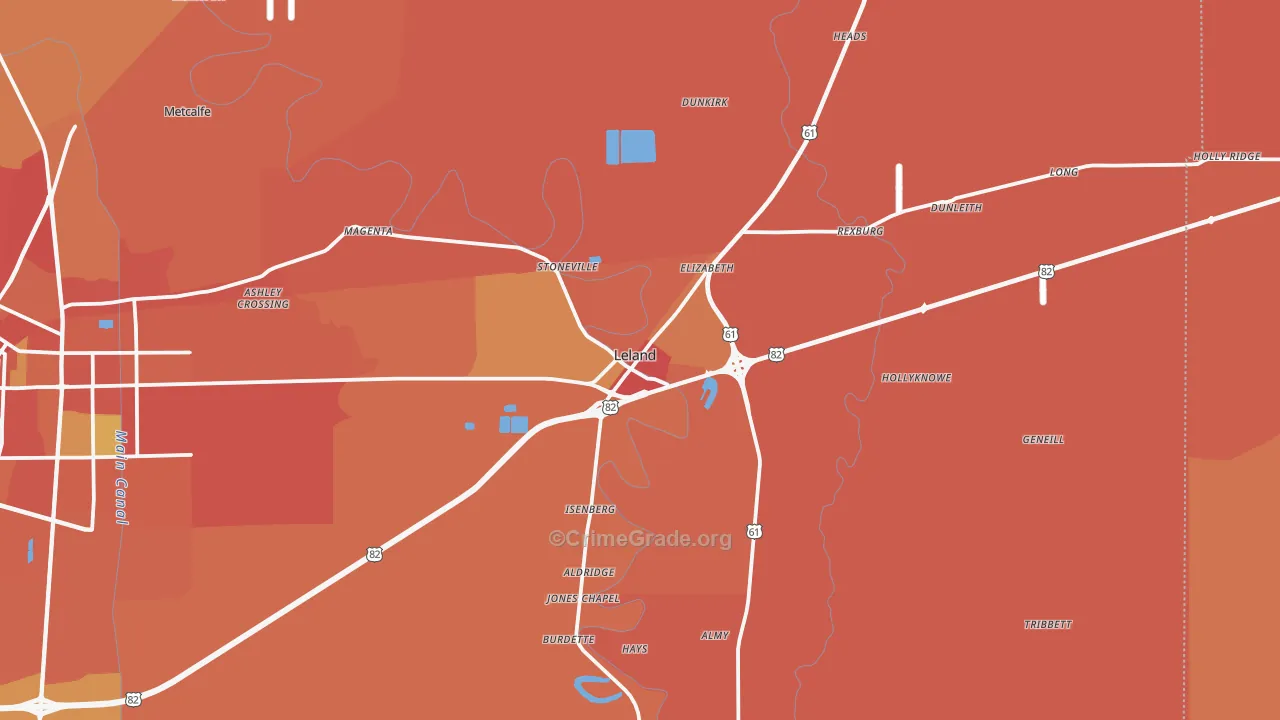 Leland, MS Map of Vehicle Theft Rates