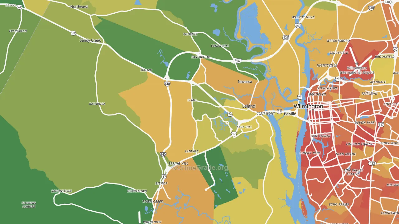 Leland, NC Map of Vehicle Theft Rates