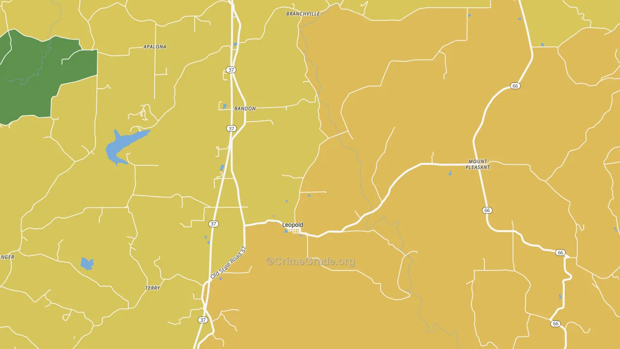 Leopold, IN Map of Vehicle Theft Rates