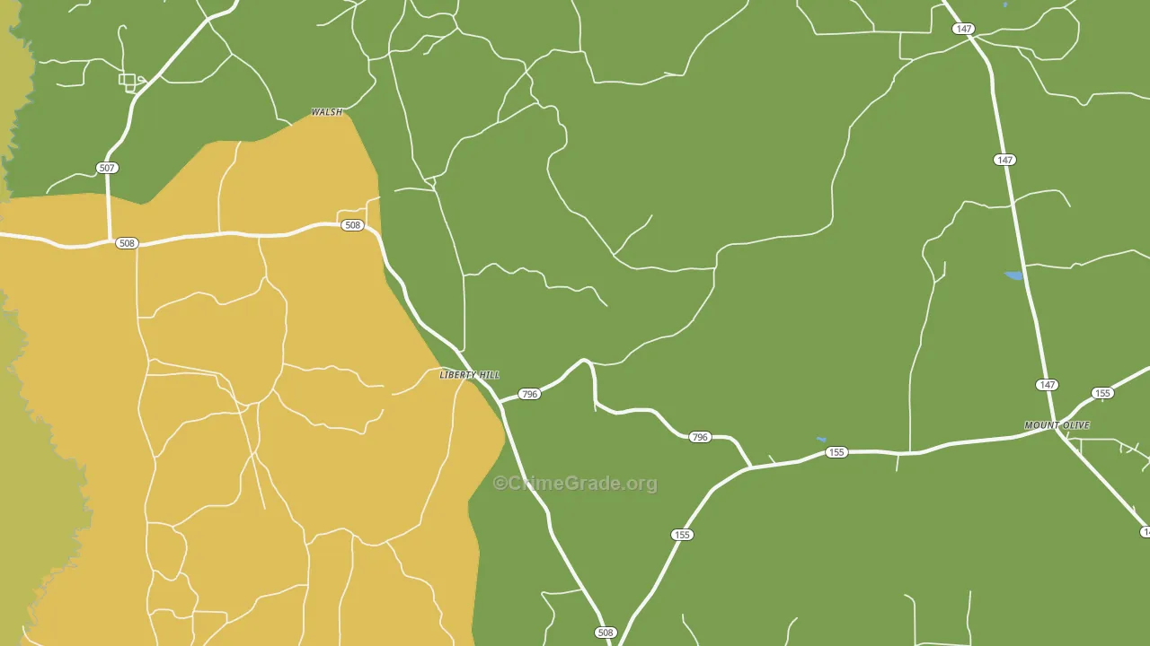 Liberty Hill, LA Map of Vehicle Theft Rates