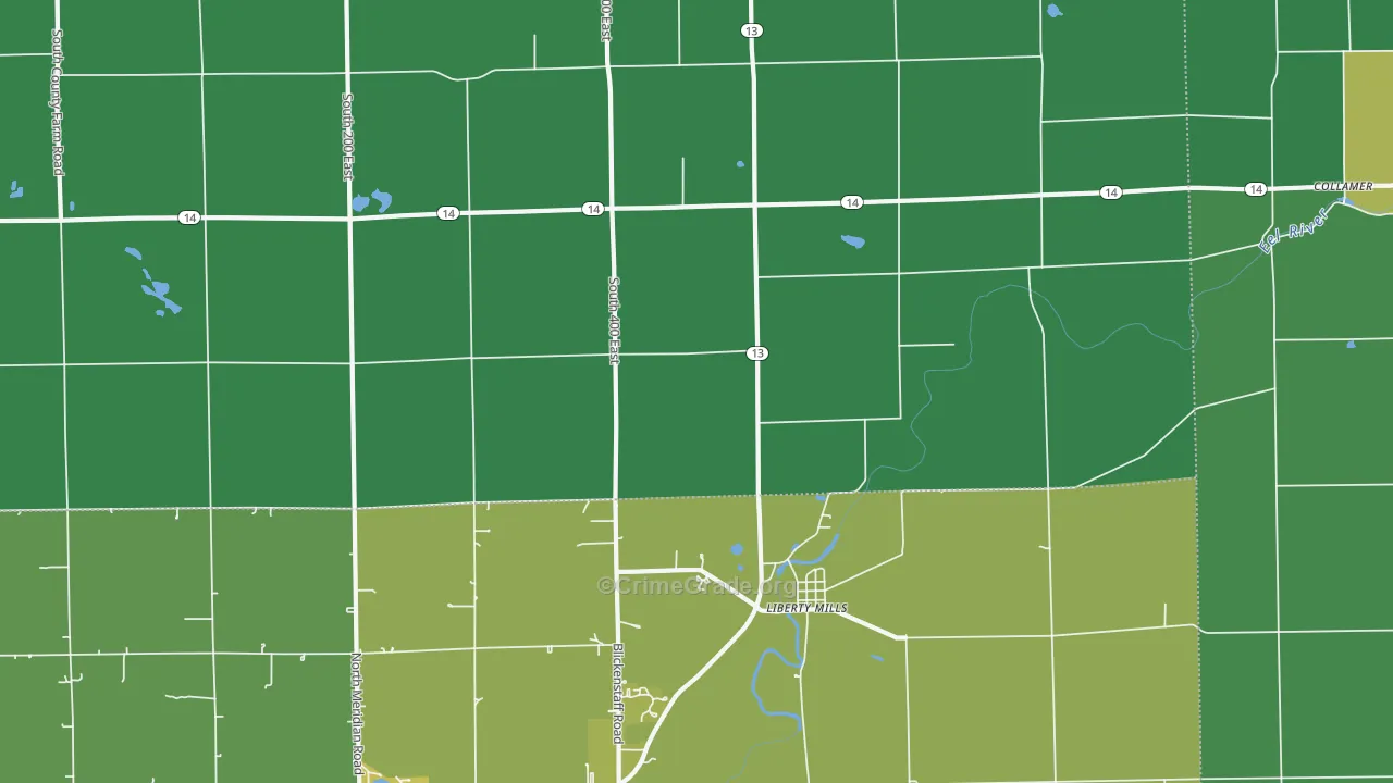 Liberty Mills, IN Map of Vehicle Theft Rates