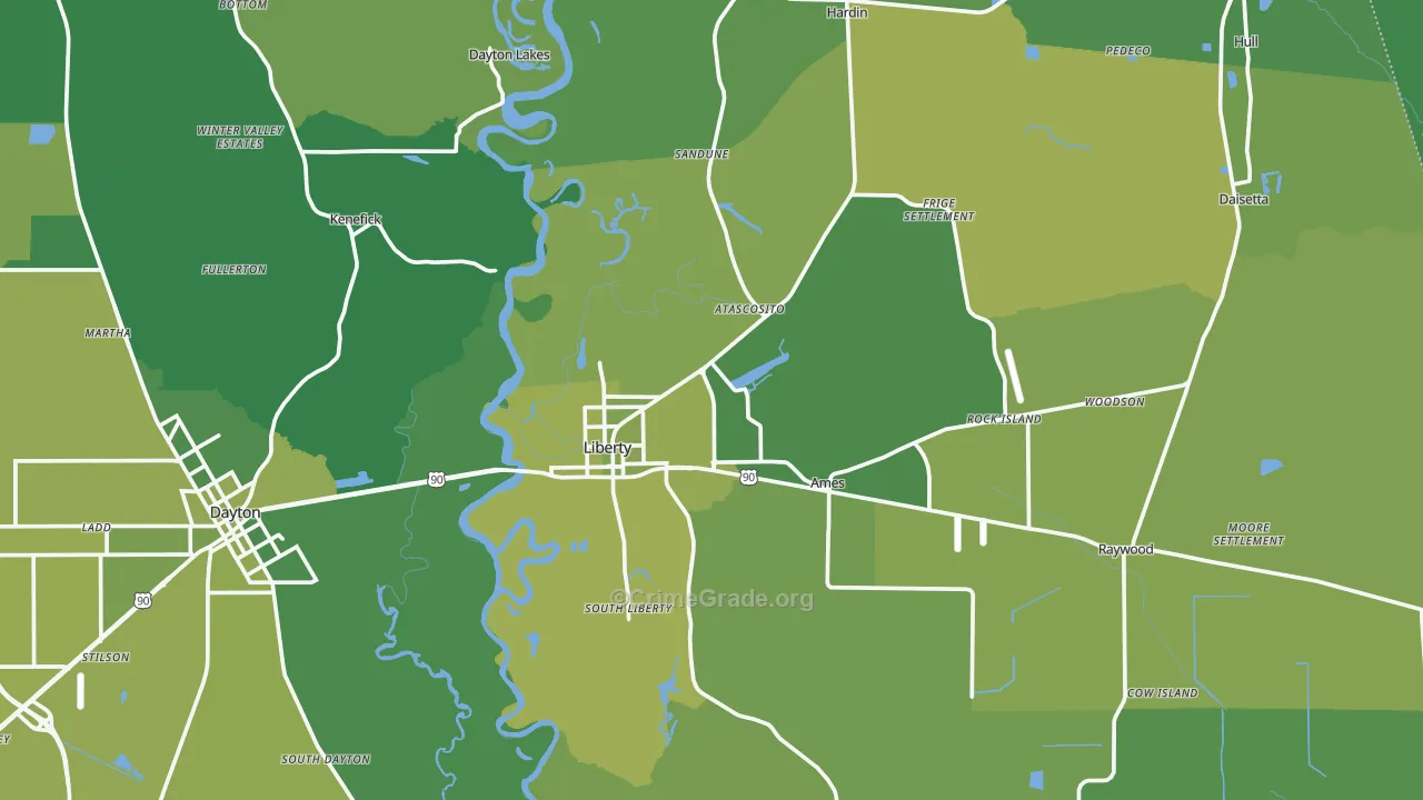 Liberty, TX Map of Vehicle Theft Rates