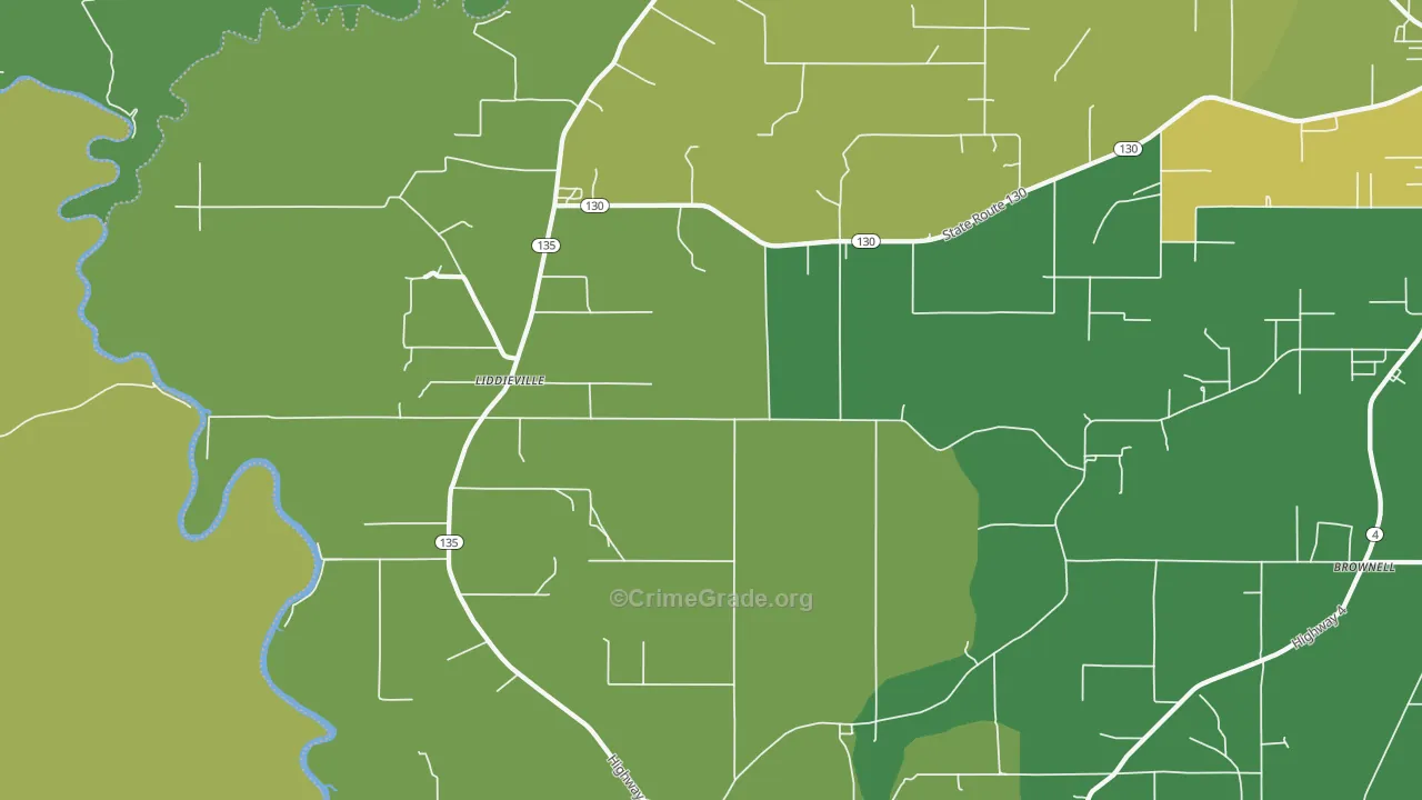 Liddieville, LA Map of Vehicle Theft Rates