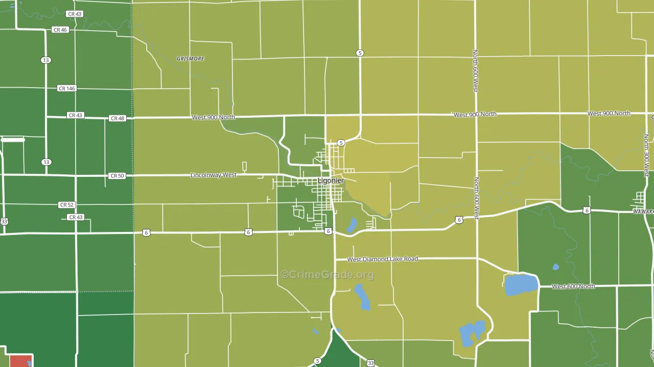Ligonier, IN Map of Vehicle Theft Rates