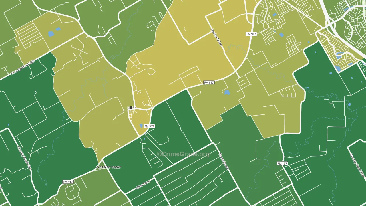 Lillian, TX Map of Vehicle Theft Rates