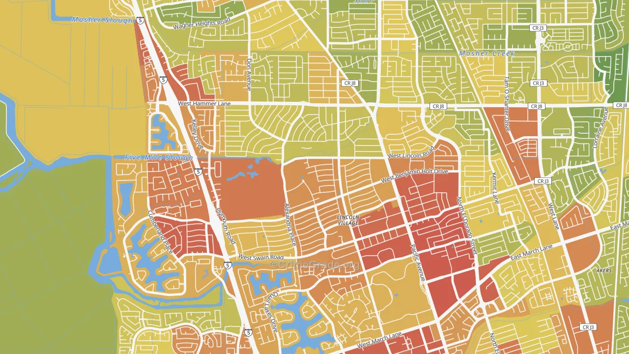 Lincoln Village Proper, Stockton, CA Map of Vehicle Theft Rates