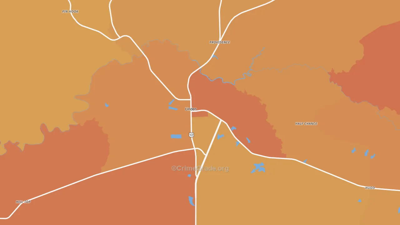 Linden, AL Map of Vehicle Theft Rates